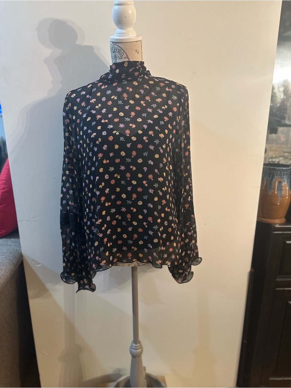 See By Chloe Black Floral High-Neck Sheer Blouse